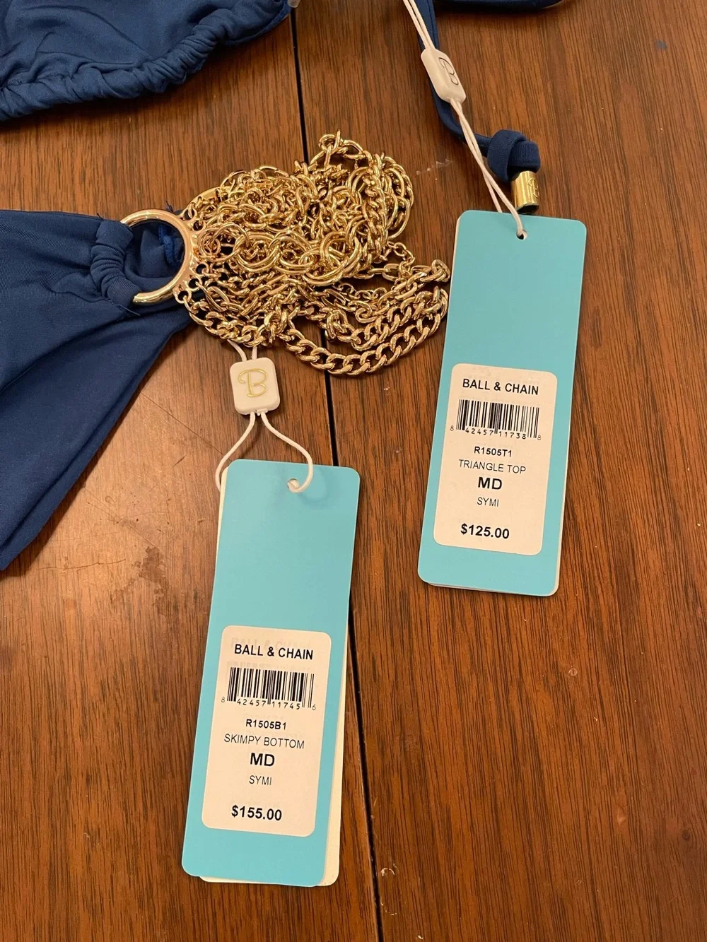 NWT beach bunny bikini Gold Chain Accent Navy Triangle Bikini Set - Women Swim - Picture 5 of 9
